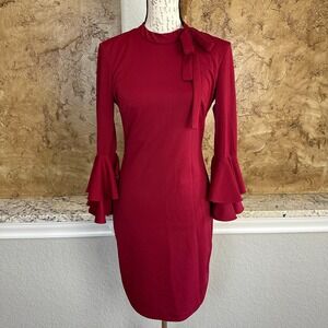 Alexia Admor Dress Womens Small Tie Neck Tiered Ruffle Long‎ Sleeve Lined Red